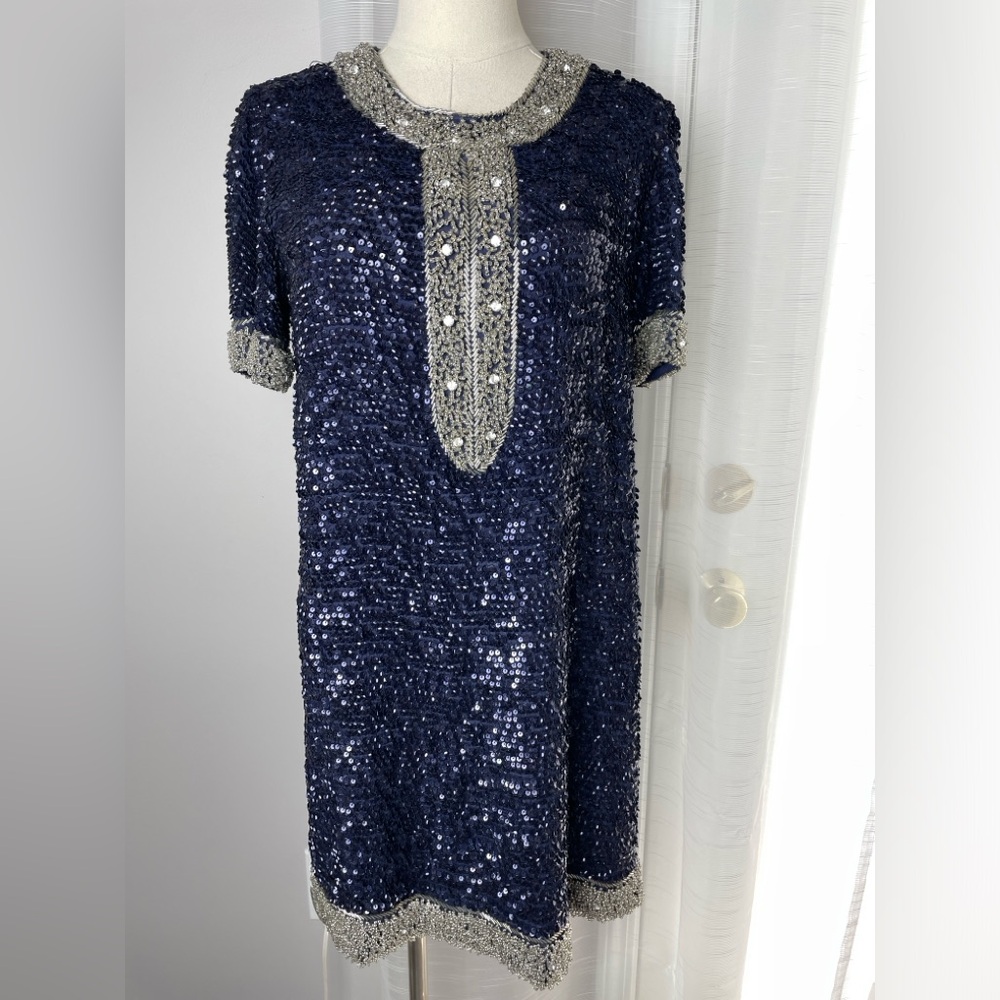 Candela NYC Blue & Silver Beaded Sequined Mini Shirt Dress Size Small